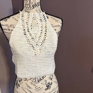Cozy Casual Crochet Halter Crop Top - Cream
